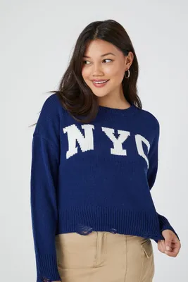 Women's Distressed NYC Graphic Sweater in Blue, XL