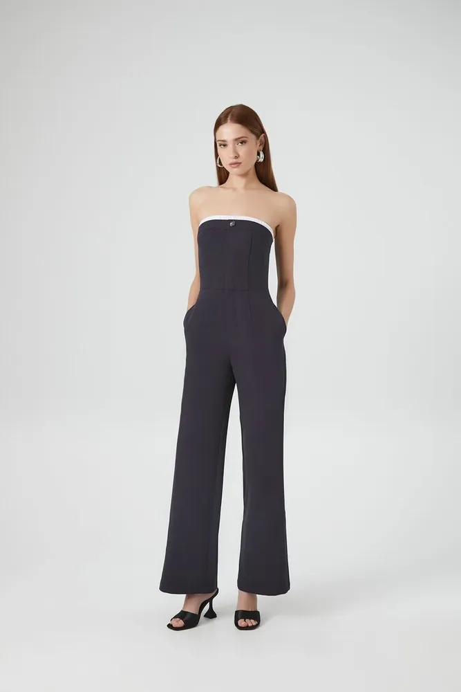 Forever 21 Women's Strapless Wide-Leg Jumpsuit in Charcoal Small
