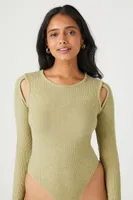 Women's Ribbed Cutout Long-Sleeve Bodysuit in Warm Olive Small