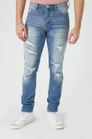 Men Distressed Stone Wash Skinny Jeans in Medium Denim, 29