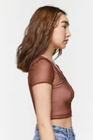 Women's Sheer Mesh Seamed Crop Top in Brown Large