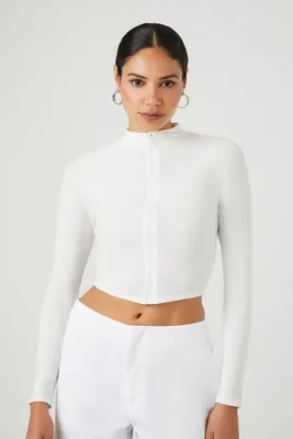 Women's Zip-Up Mock Neck Crop Top in White Medium