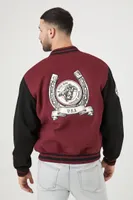 Men Embroidered & Chenille Patch Letterman Jacket in Burgundy/Black, XXL