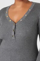 Women's Ribbed Knit Henley Top in Heather Grey, 3X