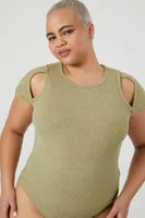 Women's Cutout Ribbed Knit Bodysuit in Warm Olive, 3X