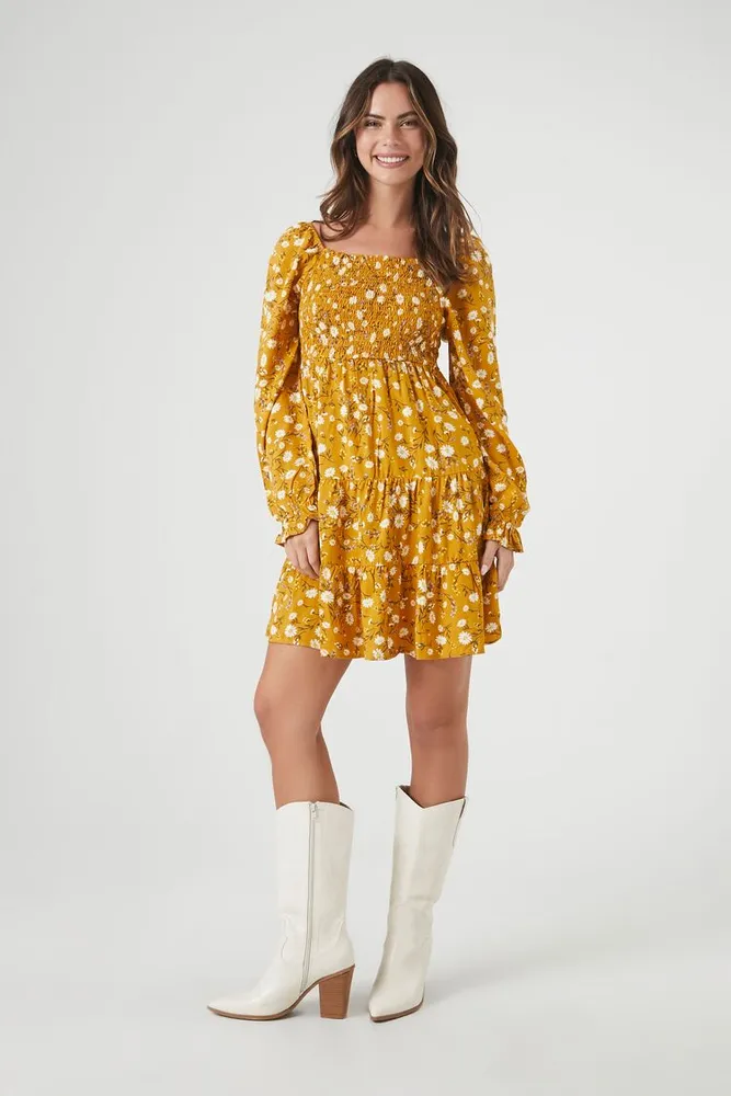 Women's Smocked Floral Print Mini Dress in Mustard Large