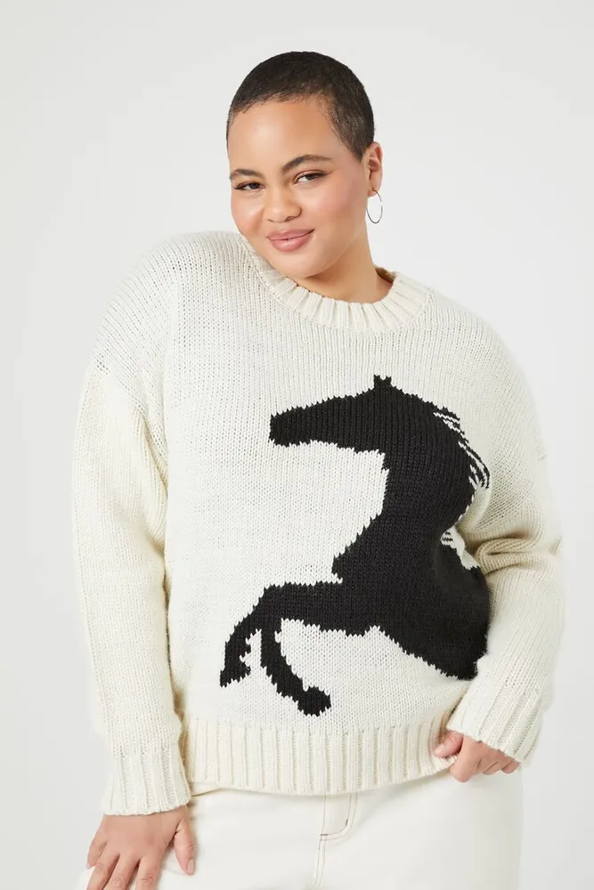 Women's Horse Drop-Sleeve Sweater in White, 0X