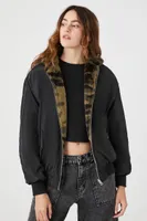 Women's Reversible Faux Fur Camo Bomber Jacket in Black Medium