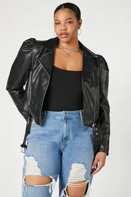 Women's Puff-Sleeve Moto Jacket in Black, 2X