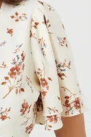 Women's Cropped Floral Print Wrap Top in Cream Small