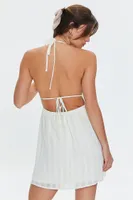 Women's Striped Open-Back Halter Mini Dress in Vanilla, XL