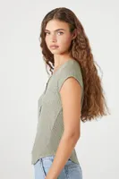 Women's Curved-Hem Thermal Henley Top in Olive Large