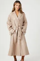 Women's Faux Leather Double-Breasted Trench Coat in Taupe Large