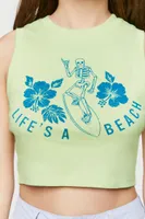 Women's Lifes A Beach Cropped Tank Top in Green Medium