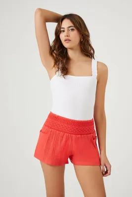 Women's Smocked Textured Shorts in Cayenne Small