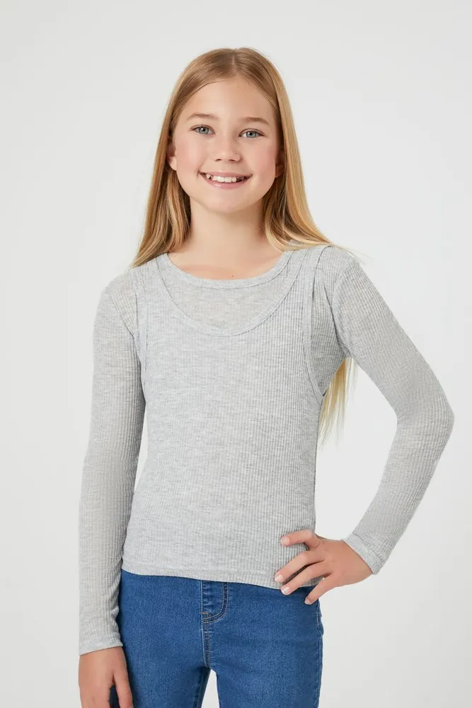 Girls Ribbed Combo Top (Kids) in Grey, 11/12