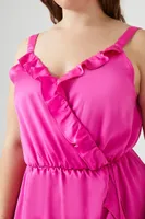 Women's Surplice Ruffle Mini Dress in Hot Pink, 0X