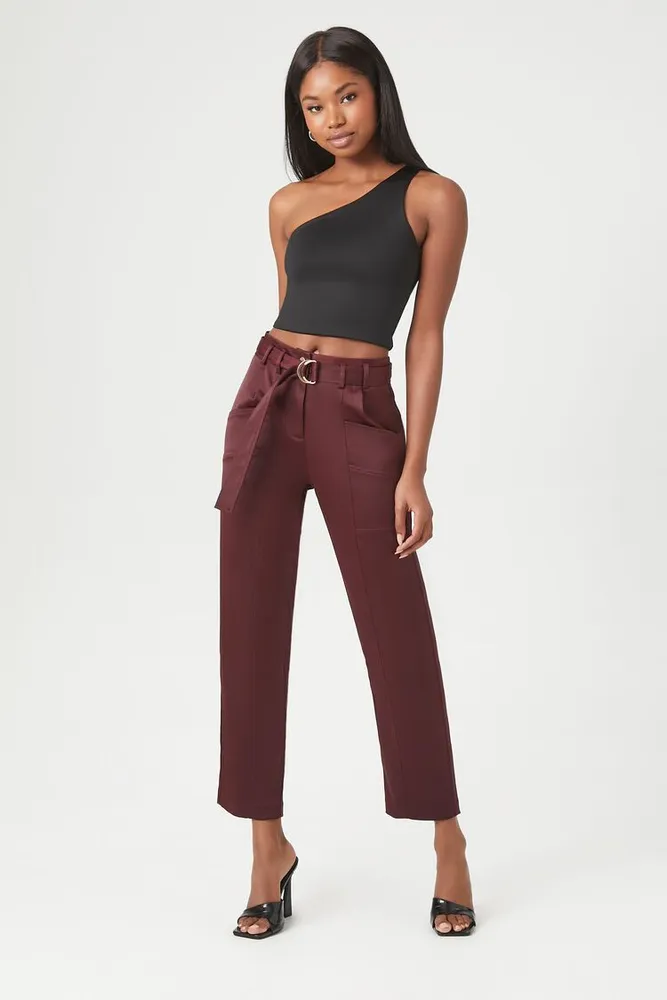 Women's Satin Belted Straight-Leg Pants in Wine Medium