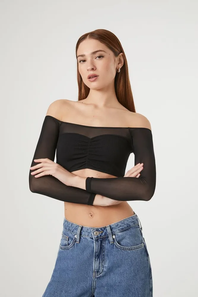 Women's Seamless Off-the-Shoulder Crop Top in Black, S/M