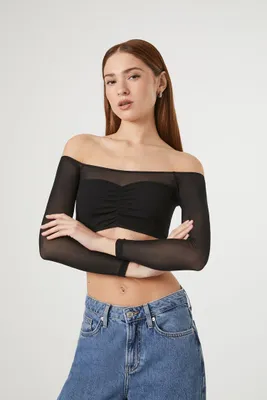 Women's Seamless Off-the-Shoulder Crop Top in Black, M/L