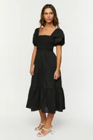 Women's Smocked Puff-Sleeve Dress in Black Medium