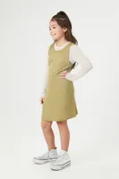 Girls Long-Sleeve Combo Dress (Kids) in Olive, 5/6