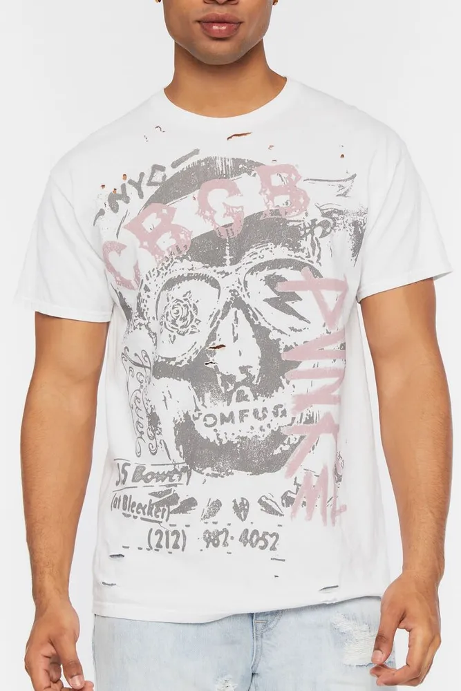 Men CBGB & OMFUG Distressed Graphic Tee in Cream Large