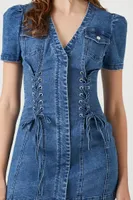 Women's Lace-Up Denim Mini Dress in Medium Denim, XS