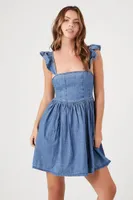 Women's Denim Ruffle-Strap Mini Dress in Medium Denim Small