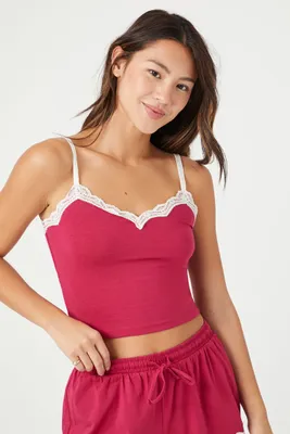 Women's Lace-Trim Cropped Pajama Cami in Sangria Small