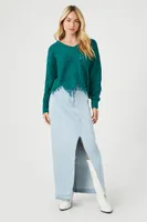 Women's Distressed Sharkbite Cutout Sweater in Green Medium