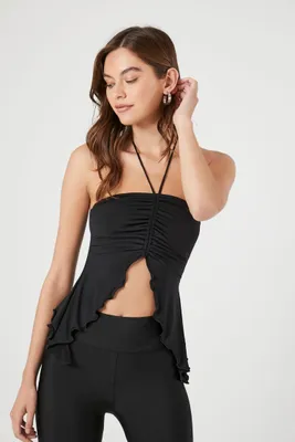 Women's Ruched Split-Hem Halter Top in Black Medium