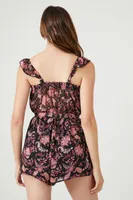 Women's Floral Print Tie-Front Romper in Black Medium