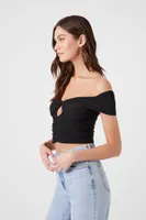 Women's Off-the-Shoulder Shirred Crop Top in Black, XS