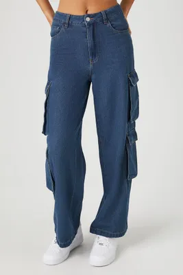 Women's Mid-Rise Denim Cargo Jeans in Medium Denim Small