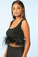 Women's Glitter Feather-Trim Crop Top