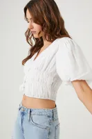 Women's Shirred Puff-Sleeve Crop Top in White Large