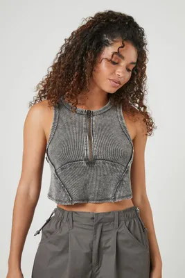 Women's Mineral Wash Half-Zip Crop Top in Charcoal Small