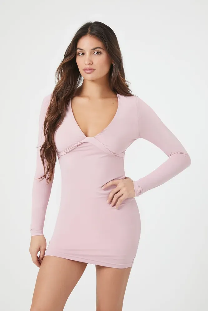 Women's Plunging Bodycon Mini Dress in Pale Mauve Large