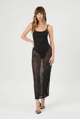 Women's Sheer Lace Maxi Slip Dress in Black, XL