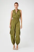 Women's Sleeveless Cargo Jumpsuit in Olivine , XS