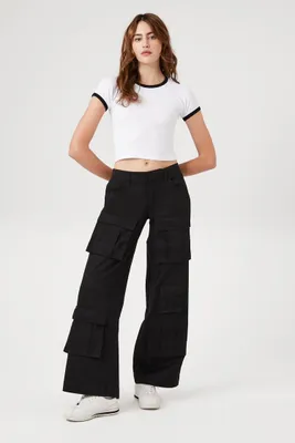 Women's Twill Wide-Leg Cargo Pants Black,