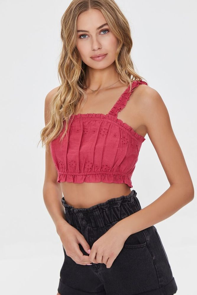 Women's Eyelet Floral Ruffled Crop Top in Peony Large