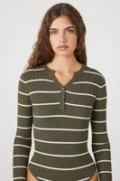 Women's Striped Long-Sleeve Bodysuit in Green/White, XL