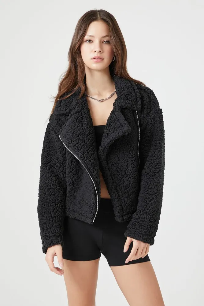 Women's Faux Shearling Moto Jacket in Black, XL