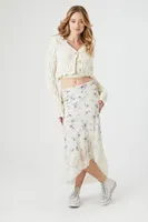 Women's Satin Floral Print Midi Skirt in Ivory Small