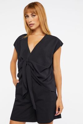 Women's Plunging Tie-Front Top in Black Small