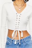 Women's Lace-Up Long-Sleeve Sweater-Knit Crop Top in Vanilla Medium