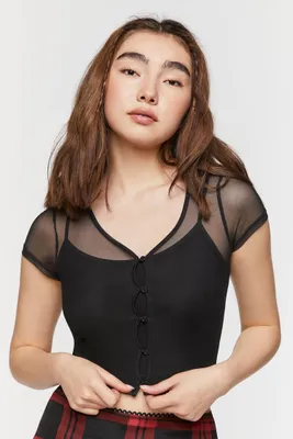 Women's Sheer Mesh Button-Loop Crop Top in Black Small