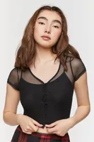 Women's Sheer Mesh Button-Loop Crop Top Large